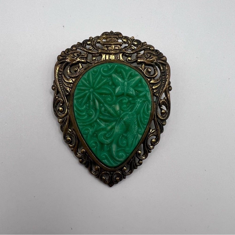 Vintage Gold Tone & Green Molded Plastic Brooch Pendant w/ Dragon & Bird Motif